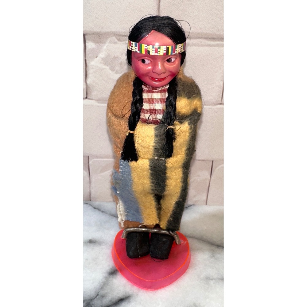 Vintage Native American Style Souvenir Doll Celluloid Head Felt Blanket 7.5"